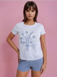 Piżama dwuczęściowa z nadrukiem - błękitny. Niebieskie piżamy damskie Sinsay, l, bez wzorów, bez ramiączek. Za 19.99 zł.