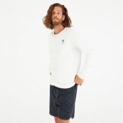 Koszulka UV surfingowa męska Olaian Flower UPF50+ długi rękaw. Białe koszulki sportowe męskie OLAIAN, l, bez wzorów, z dzianiny, bez kołnierzyka, bez ramiączek, na fitness i siłownię. Za 54.99 zł.