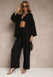 Czarny Wiskozowy Komplet Oversize Koszula i Spodnie Wide Leg Zierana. Czarne koszule damskie Renee, bez wzorów, z materiału, bez kołnierzyka, bez ramiączek. Za 99.99 zł.