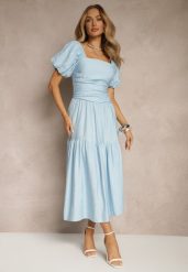 Niebieska Sukienka Wiskozowa Drapowana z Rozkloszowanym Dołem Naprine. Niebieskie sukienki damskie Renee, na co dzień, l, bez wzorów, z wiskozy, eleganckie, bez kołnierzyka, bez ramiączek, midi, rozkloszowane. Za 99.99 zł.