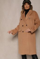 Beżowy Klasyczny Płaszcz Dwurzędowy z Kieszeniami Tereti. Brązowe płaszcze damskie Renee, l, bez wzorów, z jeansu, eleganckie, bez kaptura. Za 179.99 zł.