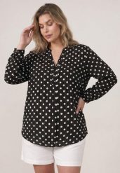 Czarna Koszula z Wiskozy w Kropki z Metaliczną Nitką Ereis. Czarne bluzki damskie Born2be, l, bez wzorów, z wiskozy, eleganckie, bez kołnierzyka, plus size, bez ramiączek. Za 99.99 zł.