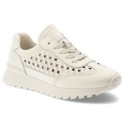 Sneakersy damskie Vinceza, cholewka ze skóry naturalnej z klasycznym sznurowaniem i ażurowymi wstawkami po bokach osadzone na lekkiej podeszwie z bie. Białe półbuty damskie VINCEZA, w ażurowe wzory, z jeansu, biznesowe, bez obcasa, bez zapięcia. Za 170.90 zł.