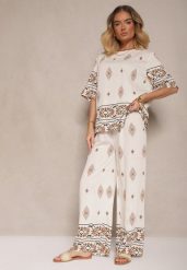 Beżowy Komplet w Stylu Boho Bluzka z Krótkim Rękawem i Luźne Spodnie Divorine. Brązowe bluzki damskie Renee, l, bez wzorów, boho, bez kołnierzyka, bez ramiączek. Za 74.99 zł.