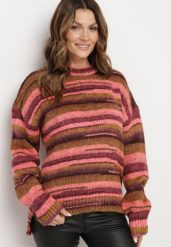 Różowo-Brązowy Sweter w Poziome Paski Rortia. Czerwone swetry damskie Born2be, na zimę, m, bez wzorów, bez kołnierzyka, bez ramiączek, bez kaptura. Za 119.99 zł.