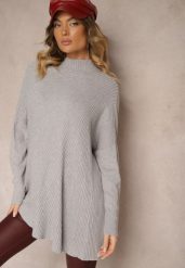 Jasnoszary Asymetryczny Golf z Wiskozą z Rękawami o Nietoperzowym Kroju Realeen. Szare swetry damskie Renee, bez wzorów, z jeansu, eleganckie, z asymetrycznym kołnierzem, bez ramiączek, bez kaptura. Za 84.99 zł.
