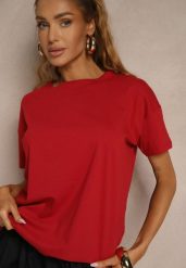Bordowy Bawełniany T-shirt o Kroju Oversize Zilona. Czerwone bluzki damskie Renee, s, bez wzorów, z bawełny, klasyczne, bez kołnierzyka. Za 24.99 zł.