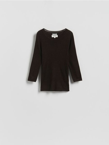 Wełniana bluzka z dodatkiem jedwabiu - ciemnobrązowy. Brązowe bluzki damskie Reserved, l, bez wzorów, z dzianiny, bez kołnierzyka, bez ramiączek. Za 179.99 zł.