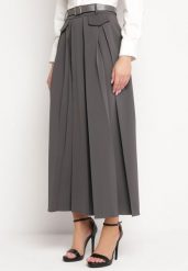 Ciemnoszara Rozkloszowana Spódnica z Szerokimi Plisami i Paskiem w Komplecie Henlitta. Szare spódnice damskie Born2be, s, bez wzorów, eleganckie, maxi, rozkloszowane. Za 149.99 zł.