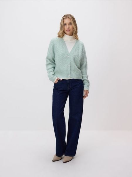 Kardigan z ozdonym splotem - jasnozielony. Zielone kardigany damskie Reserved, l, bez wzorów, z dzianiny. Za 139.99 zł.
