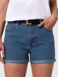 Szorty jeansowe mom high waist - granatowy. Niebieskie szorty damskie Sinsay, l, bez wzorów, z bawełny, z podwyższonym stanem. Za 69.99 zł.