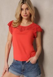 Czerwony Elegancki T-shirt Bluzka z Bawełny z Przezroczystymi Wstawkami Biopara. Czerwone bluzki damskie Renee, l, bez wzorów, z bawełny, eleganckie, bez kołnierzyka, bez ramiączek. Za 39.99 zł.