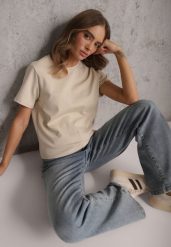 Beżowy Casualowy T-shirt z Bawełny Nealiara. Brązowe bluzki damskie Renee, m, z aplikacjami, z bawełny, bez kołnierzyka, bez ramiączek. Za 74.99 zł.