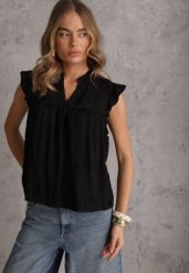 Czarna Haftowana Bluzka z Bawełny Zdobiona Falbankami Bolidia. Czarne t-shirty i topy dla dziewczynek Renee, z aplikacjami, z bawełny, bez ramiączek. Za 69.99 zł.