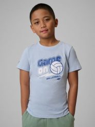 4F T-shirt regular z nadrukiem chłopięcy - niebieski 134 (8-9 lat). Niebieskie t-shirty dla chłopców 4f, bez wzorów, z bawełny, bez ramiączek. Za 39.99 zł.