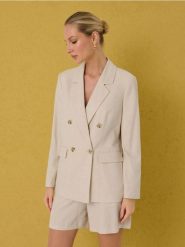 Wiskozowa marynarka dwurzędowa regular fit z domieszką lnu - kremowy. Białe żakiety damskie Sinsay, l, bez wzorów, z wiskozy. Za 79.99 zł.