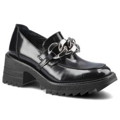 Półbuty damskie Chebello, ze skóry naturalnej lakierowanej z gładką cholewką klasycznym wycięciem ozdobnym metalowym łańcuchem oraz masywną podeszwą. Czarne półbuty damskie CheBello, bez wzorów, ze skóry, eleganckie, bez obcasa, bez zapięcia. Za 299.00 zł.