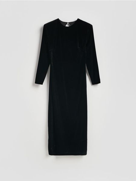 Welurowa sukienka - czarny. Czarne sukienki damskie Reserved, l, bez wzorów, z dzianiny, bez kołnierzyka, bez ramiączek, dopasowane. W wyprzedaży za 259.99 zł.