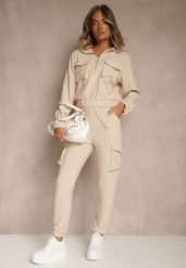 Beżowy Komplet Dresowy Cargo Bluza ze Stójką i Spodnie Jogger Litene. Brązowe bluzy damskie Renee, l, bez wzorów, z dresówki, bez kaptura. Za 79.99 zł.