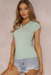 Miętowy T-shirt Mirasura. Zielone bluzki damskie Renee, xl, bez wzorów, z dzianiny, bez kołnierzyka. Za 24.99 zł.