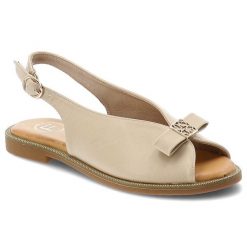 Sandały damskie Filippo, cholewka ze skóry ekologicznej zapinane na sprzączkę z elegancką kokardką, beżowe, DS7923/26. Brązowe klapki damskie Filippo, bez wzorów, ze skóry ekologicznej, bez obcasa, na płaskiej podeszwie, bez zapięcia. Za 139.00 zł.