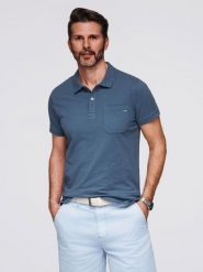 Koszulka polo klasyczna z bawełnianej dzianiny – ciemnoniebieska V8 - Rozmiar: L. Niebieskie koszulki polo męskie Ombre Clothing, l, bez wzorów, z bawełny, eleganckie, bez ramiączek. W wyprzedaży za 97.49 zł.