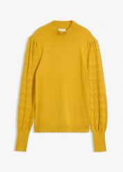 Cienki sweter z ażurem. Żółte swetry damskie bonprix, w ażurowe wzory, bez kołnierzyka, bez ramiączek, bez kaptura. Za 124.99 zł.