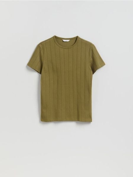 T-shirt slim fit - oliwkowy. Zielone t-shirty męskie Reserved, l, bez wzorów, z bawełny, bez kołnierzyka. Za 69.99 zł.