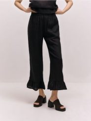 Lniane spodnie z falbankami - ciemnobrązowy. Brązowe spodnie materiałowe damskie Reserved, l, bez wzorów. Za 199.99 zł.