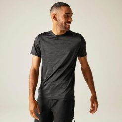Męska koszulka z krótkim rękawem Fingal Edition Marl. Czarne koszulki sportowe męskie Regatta, m, bez wzorów, z poliesteru, bez kołnierzyka, bez ramiączek, trekkingowe. W wyprzedaży za 93.10 zł.