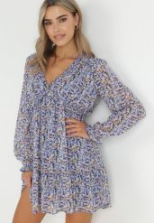 Niebiesko-Fioletowa Sukienka Mini z Falbanką i Gumką w Pasie Annis. Niebieskie sukienki damskie Born2be, na co dzień, l, bez wzorów, eleganckie, bez kołnierzyka, bez ramiączek, mini. Za 159.99 zł.