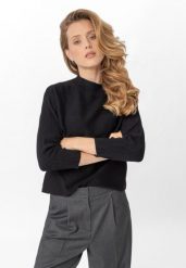 Czarny sweter S-TILLY. Czarne swetry damskie Volcano, l, bez wzorów, z dzianiny, eleganckie, bez kołnierzyka, bez ramiączek, bez kaptura. Za 139.99 zł.