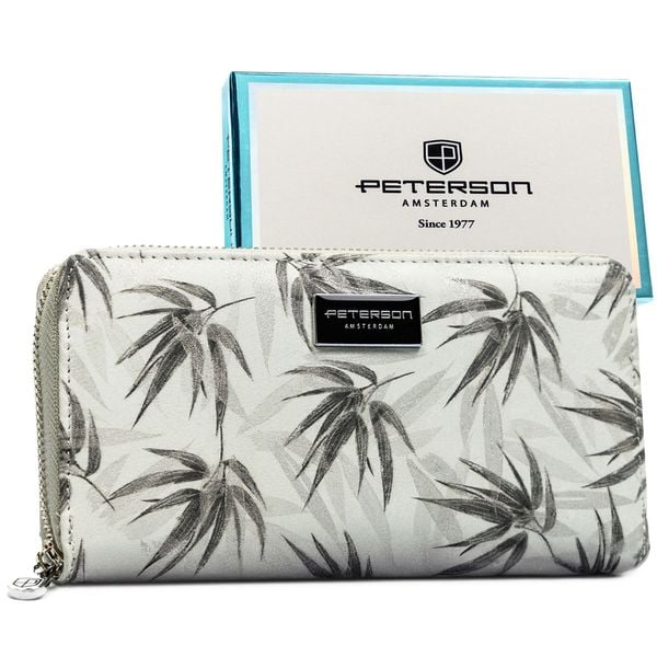 Szary portfel damski w typie piórnika w roślinny wzór, wykonany ze skóry naturalnej i ekologicznej PTN PX25-1-NPK Peterson. Szare portfele damskie Peterson, bez wzorów, ze skóry. Za 124.99 zł.