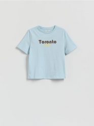T-shirt z nadrukiem - jasnoturkusowy. Niebieskie t-shirty damskie Reserved, l, bez wzorów, z bawełny, bez kołnierzyka. Za 39.99 zł.