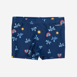 Bokserki kąpielowe dla malucha/dziecka Nabaiji Titou Palm. Niebieskie kąpielówki dla chłopców Decathlon, bez wzorów, z elastanu. Za 19.99 zł.