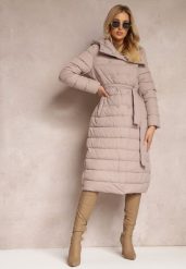 Różowy Płaszcz Kurtka Pikowana Wiązana Paskiem w Talii z Kapturem Hexana. Czerwone kurtki damskie Renee, xl, bez wzorów, z kapturem. Za 169.99 zł.
