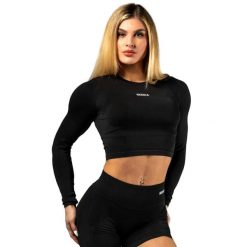 Damska koszulka z długim rękawem Nebbia Power Crop Top. Czarne koszulki sportowe damskie Nebbia, m, bez wzorów, z materiału, bez kołnierzyka, bez ramiączek, na fitness i siłownię. Za 279.99 zł.