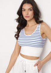 Biało-Niebieski Tank Top w Paski z Prążkowanej Tkaniny Sesillia. Niebieskie bluzki damskie Born2be, s, bez wzorów, z jeansu, eleganckie, bez kołnierzyka, bez ramiączek. Za 24.99 zł.