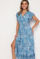 Niebieska Rozkloszowana Kopertowa Sukienka z Bawełny o Wzorze Paisley z Gumką w Talii Zonne. Niebieskie sukienki damskie Born2be, na co dzień, na lato, l, bez wzorów, z bawełny, eleganckie, bez kołnierzyka, bez ramiączek, mini, kopertowe. Za 44.99 zł.
