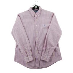 Second life - Klasyczne koszule męskie w paski różowe - Jak nowy. Czerwone koszule męskie Ralph Lauren, m, bez wzorów, z jeansu, casualowe, bez kołnierzyka, bez ramiączek. Za 212.96 zł.