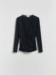 Bluzka z modalem - czarny. Czarne bluzki damskie Reserved, l, bez wzorów, z dzianiny, bez kołnierzyka, bez ramiączek. Za 129.99 zł.