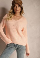 Jasnoróżowy Sweter w Klasycznym Stylu z Trójkątnym Dekoltem Omelisa. Czerwone swetry damskie Renee, l, bez wzorów, z jeansu, biznesowe, bez kołnierzyka, bez ramiączek, bez kaptura. Za 84.99 zł.