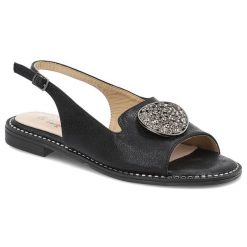 Sandały damskie S. Barski, eleganckie z ozdobą ze skóry ekologicznej na płaskim obcasie, czarne, KV51-083. Czarne sandały damskie S.BARSKI, z aplikacjami, ze skóry ekologicznej, bez obcasa, na płaskiej podeszwie, bez zapięcia. Za 109.00 zł.