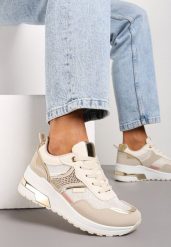 Beżowe Sneakersy z Brokatem Cyrkoniami i Metalicznymi Wstawkami Zephramis. Brązowe obuwie sportowe damskie Renee, bez wzorów, z dresówki. Za 89.99 zł.