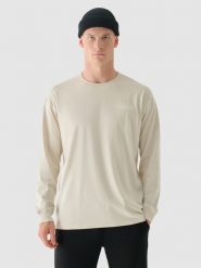 4F Longsleeve oversize z nadrukiem męski - beżowy L. Brązowe koszulki sportowe męskie 4f, l, bez wzorów, z bawełny, klasyczne, bez kołnierzyka. W wyprzedaży za 39.99 zł.