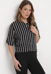 Czarna Koszula w Łańcuszkowy Wzór z Wiskozy i Bawełny Miravina. Czarne bluzki damskie Born2be, l, bez wzorów, z bawełny, bez kołnierzyka, bez ramiączek. Za 24.99 zł.