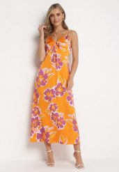 Pomarańczowa Maxi Sukienka na Regulowanych Ramiączkach Ozdobiona Metalowym Kółkiem przy Dekolcie Leamia. Brązowe sukienki damskie Born2be, na imprezę, l, bez wzorów, bez kołnierzyka, bez ramiączek, maxi. Za 109.99 zł.