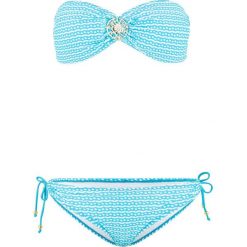 Bikini bandeau (2 części) bonprix biało-turkusowy wzorzysty. Białe bikini damskie bonprix, z nadrukiem. Za 79.99 zł.