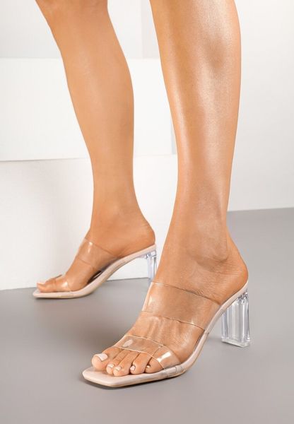 Beżowe Przezroczyste Klapki na Słupku Zenretia. Brązowe klapki damskie Renee, bez wzorów, eleganckie, bez obcasa, na obcasie. Za 99.99 zł.