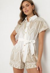 Biały Bawełniany Kombinezon z Haftem z Kołnierzykiem i Wiązanym Paskiem Ulisana. Białe sukienki damskie Born2be, na co dzień, l, bez wzorów, z bawełny, eleganckie, bez kołnierzyka, bez ramiączek, mini, koszulowe. Za 129.99 zł.